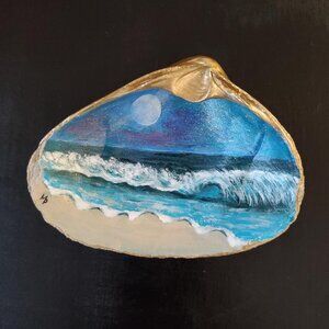 Large Shell Hand Painted Moon & Night Ocean Gold Trim Decoupage Trinket Dish